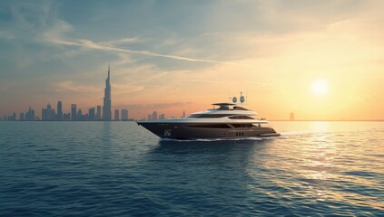 Fototapeta premium Luxury yacht navigating Dubai skyline, highlighting high-end leisure and architectural backdrop, World Maritime Day