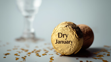 Golden champagne cork labeled Dry January lies among scattered festive confetti.