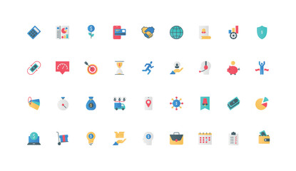 Fototapeta premium Economy, savings and budget, wallet and money color icon set. Economic and finance growth in statistic chart analysis, savings in pig bank, business boost, payment flat elements vector illustration