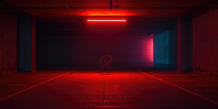 Basement or parking lot illuminated by red neon lights serving as a backdrop for layout or signage, lighting environment