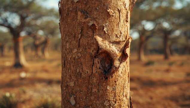Macro shot of cork bark on a cork tree showing peeled sections at a cork farm, demonstrating natural resource extraction