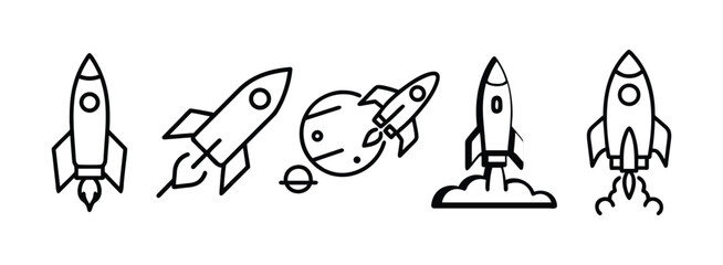 Set of simple black line art rocket icons on transparent background