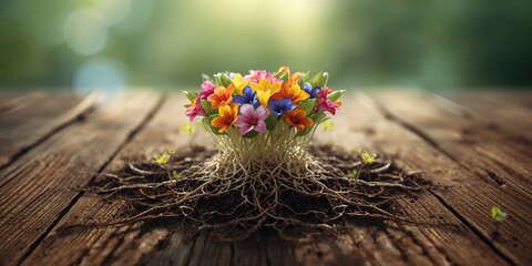 Young flower plants showing root systems in a circular formation on wooden background, for gardening or landscaping projects