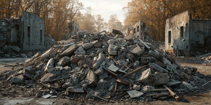 Weathered asphalt fragments scattered at the base of building supports, highlighting repair needs and urban infrastructure