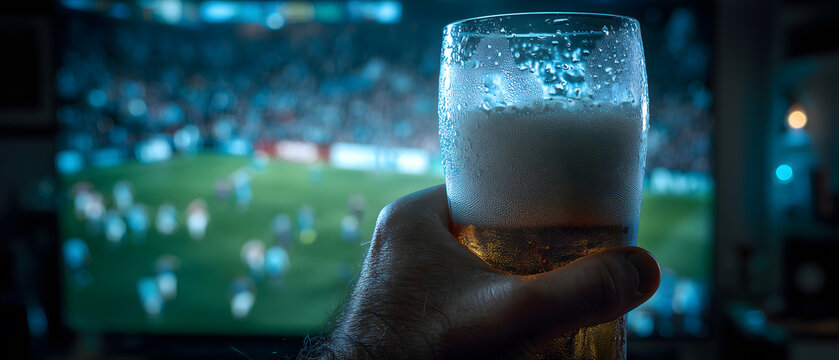 Cold Beer Glass Watching Soccer Match on TV at Night