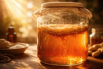 Kombucha fermentation process in a glass jar illuminated by warm sunlight creating a vibrant display of bubbles and textures evoking artisanal wellness and craftsmanship