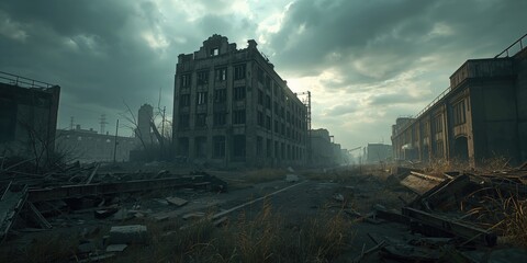 Ruined city structure after disaster, decay and neglect visible