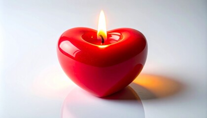 Red heart-shaped candle with burning flame on white background
