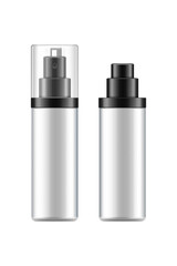 Blank silver cosmetic pump bottle set standing isolated for skincare branding, sleek and professional 3D render transparent background