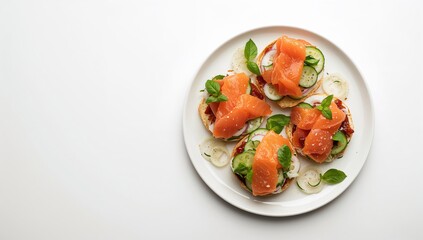 Salmon served on a bagel with salted fish, cucumber, onion, and basil, arranged on a white background emphasizing natural flavors