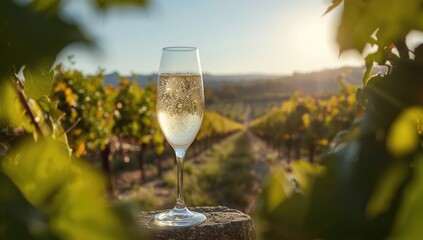 Champagne with effervescent bubbles in a vineyard environment, highlighting wine production, Hautvillers, France