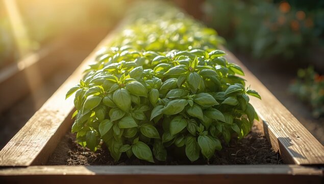 Summertime basil cultivation in a raised garden bed focusing on culinary herbs for pesto, plant growth
