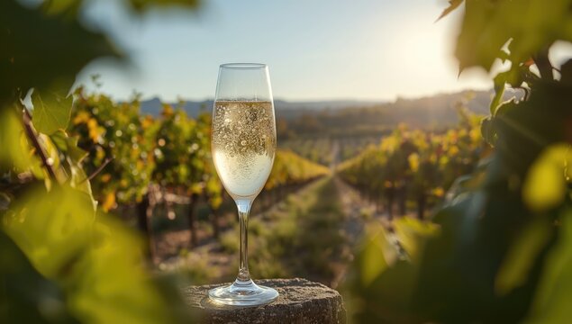 Champagne with effervescent bubbles in a vineyard environment, highlighting wine production, Hautvillers, France