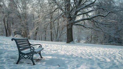 Vintage park bench in winter, aged wood and snow accumulation highlighting preservation concerns