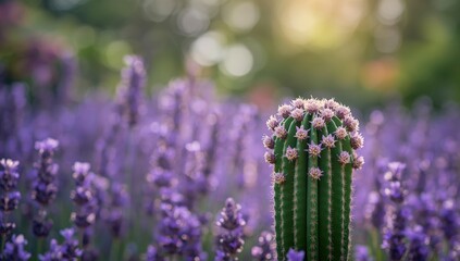 Blooming cactus with textured green petals in a lavender garden, used as a decorative background, Earth Day