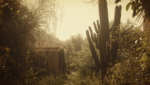 Vintage sepia image of Jardin Majorelle in Marrakech, focusing on landscape preservation, Earth Day