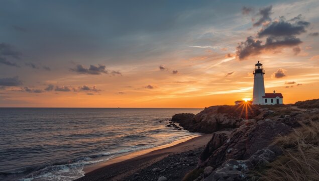 Beach scene featuring a white lighthouse at sunset with ocean and land, highlighting coastal preservation awareness