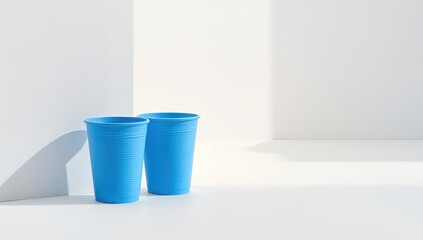 Set of white and blue plastic cups used as disposable drinkware, ideal for event service backgrounds