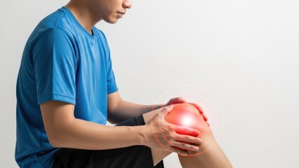 Athletic Joint Health: Young man holding his painful knee with red glowing circular highlight for orthopedic medical care.