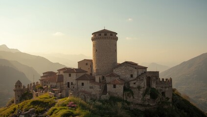 Obraz premium Historic Georgian village with ancient buildings and scenic views, emphasizing the Caucasus region's architectural heritage