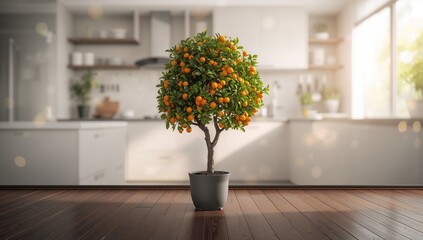 Fototapeta premium Close-up of a potted kumquat tree indoors showing ripening fruits, used as a decorative plant for urban gardening, World Environment Day