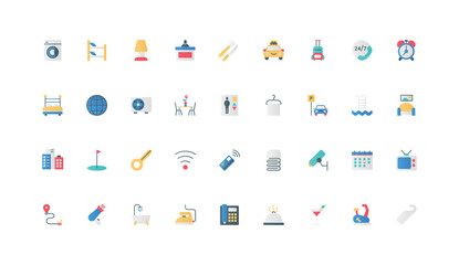 Fototapeta premium Hotel hospitality, booking and accommodation of tourists in room, cleaning service color icon set. Parking and elevator, taxi call at reception, TV and bed, key flat elements vector illustration