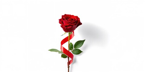 Fototapeta premium Lonely red flower with lush petals and decorative ribbon, ideal for bouquet design or special occasions, Mother's Day