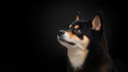 Portrait of a fluffy black and tan Shiba Inu with one blue and one brown eye, highlighting dog breed features, pet care, animal expression, National Pet Month