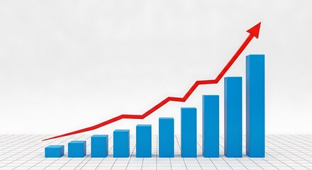 A rising red line graph superimposed on a bar chart, indicating upward financial growth and positive trends, isolated on white background