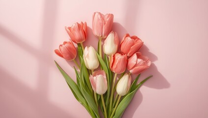 Obraz premium Tulips flowers arranged on pink pastel flat lay, ideal for woman day themed background or editorial design