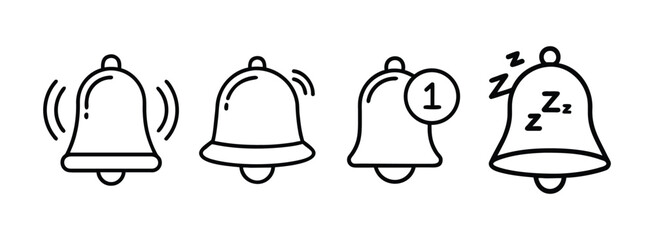 Set of simple black line art bell icons on transparent background
