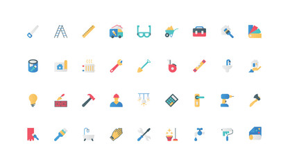 Home repair and maintenance, handyman workers tools and renovation materials color icon set. Builders and electricians toolbox, building brick wall and plumbing flat elements vector illustration