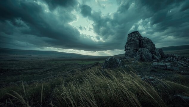 Simonside Hills in Northumberland with dark storm clouds overhead, showcasing seasonal weather change