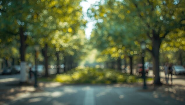 Out-of-focus city street with vibrant greenery in a park setting, suitable for editorial header background