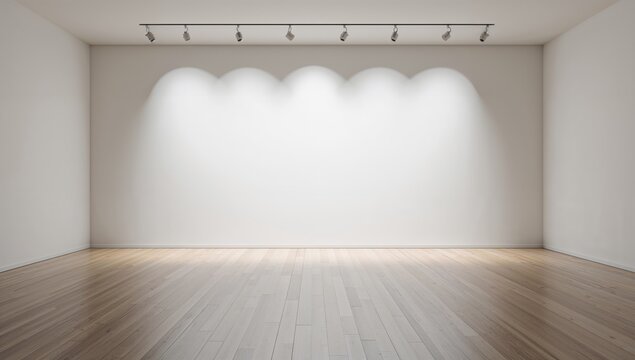 Empty gallery interior with white walls illuminated by spotlights, designed for exhibition or presentation purposes