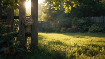 A curious cat hides behind a wooden fence during a bright afternoon in a peaceful garden, highlighting outdoor animal activity