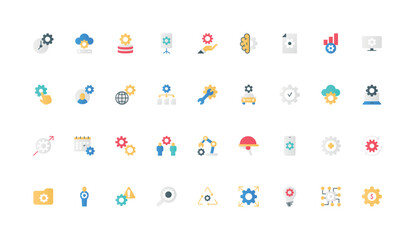 Industrial manufacturing, machinery and process control color icon set with gears. Factory production and automation of engineering, autonomous robot and engineer flat elements vector illustration
