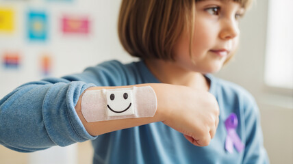 Child showing bandage with smiley face on arm, positive attitude for International Childhood Cancer Day