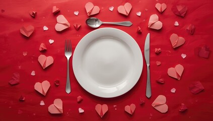 Paper art scene featuring a romantic dinner arrangement with a white plate, cutlery, and paper hearts on a red background, suitable for special occasion design