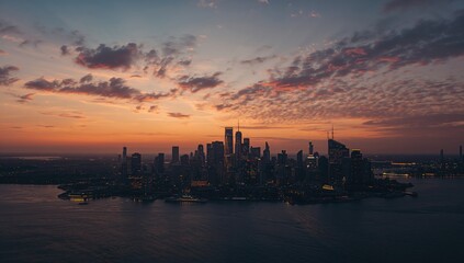 Fototapeta premium Sunset over a city skyline, urban horizon for layout backdrop, Earth Day