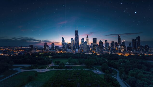 Nighttime view of Chicago's downtown from Butler Field highlighting cybersecurity efforts to safeguard business information