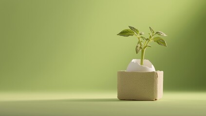 Tiny tomato seedling sprouting inside eggshell alongside unbroken eggs in a box on green surface, highlighting early plant development