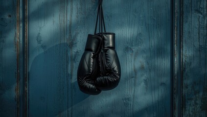 Kickboxing gloves stored on a blue wooden wall, highlighting workout gear organization