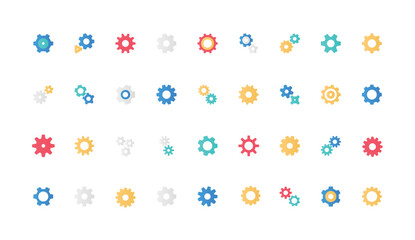 Gears of effective operation process, component and part of machine engine, mechanical equipment color icon set. Different cog wheels, two and three connection flat elements vector illustration