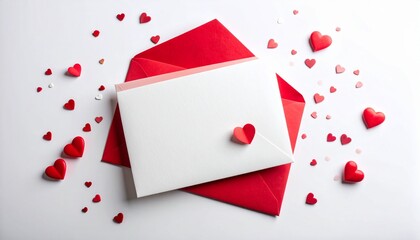 Red and white envelopes with heart confetti, romantic greeting card setup