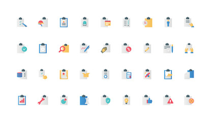 Clipboard, checklist form with ticks on paper sheet color icon set. Human hands with board, pen to register survey data and task, write and record notes in document flat elements vector illustration