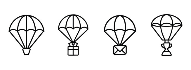 Set of four simple parachute icons on transparent background