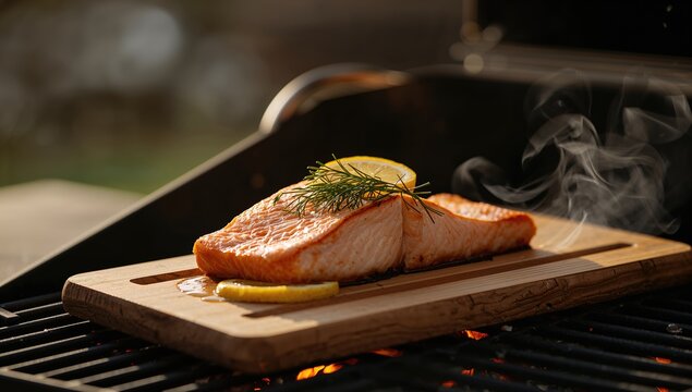 Salmon on cedar plank with lemon and dill used as a method for flavor enhancement during grilling