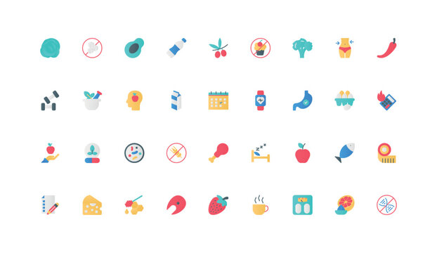Healthy nutrition, gluten and sugar, GMO free and detox diet for health, weight control and calorie burning color icon set. Sleep and fitness, quality food planning flat elements vector illustration