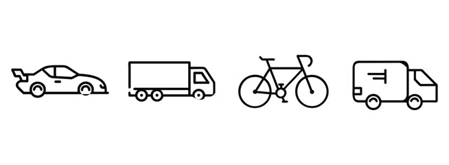 Simple vehicle icons set including car, truck, and bicycle on transparent background